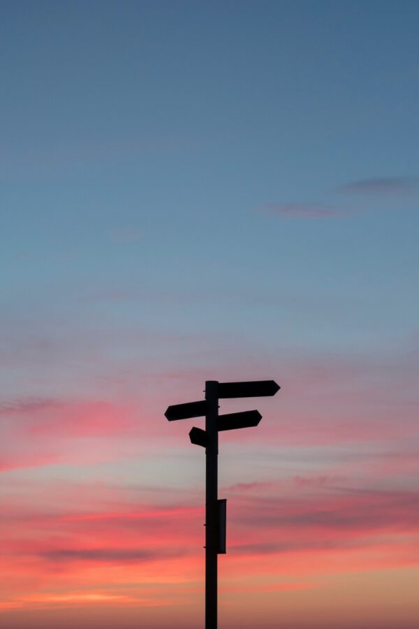 Silhouette of a multi-directional signpost against a pink and blue sunset sky, representing career change decisions.