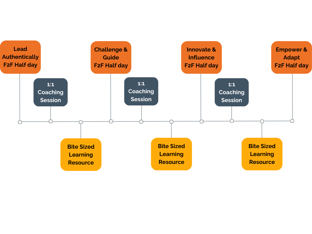 StepAdvantage Accelerate roadmap showing Lead Authentically, Challenge & Guide, Innovate & Influence and Empower & Adapt half-days with 1:1 coaching.